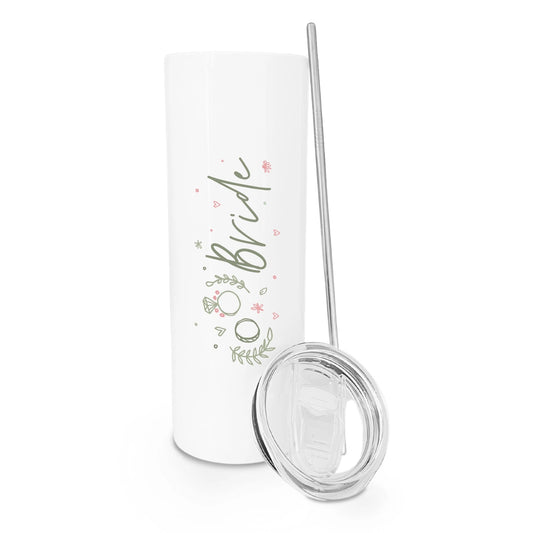 Tumbler with 'Bride' text and floral designs on a white background