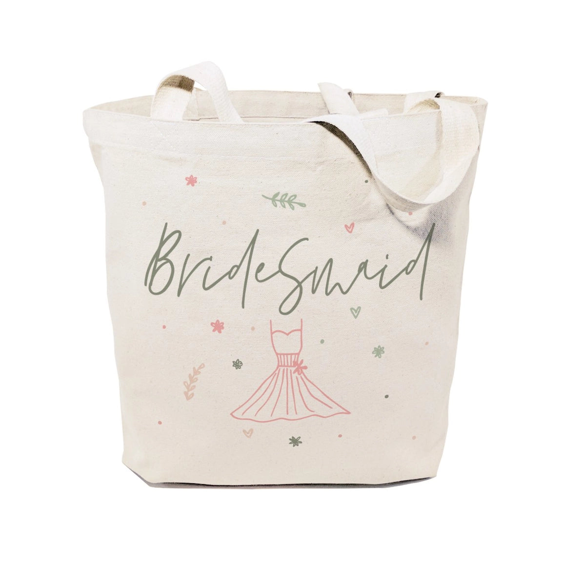 Tote bag with 'Bridesmaid' text and dress illustration on a white background