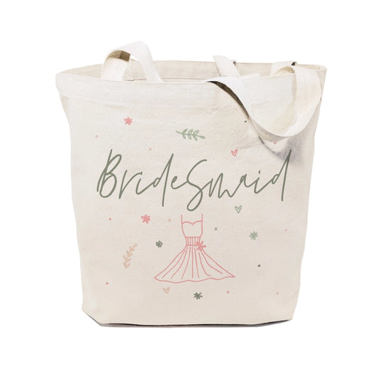 Tote bag with 'Bridesmaid' text and dress illustration on a white background