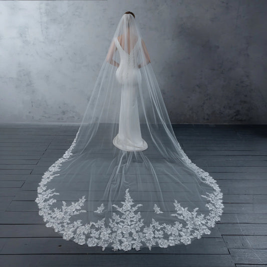 Floral Embroidered Lace Bridal Veil Rhinestones 120" X 90" - Ivory