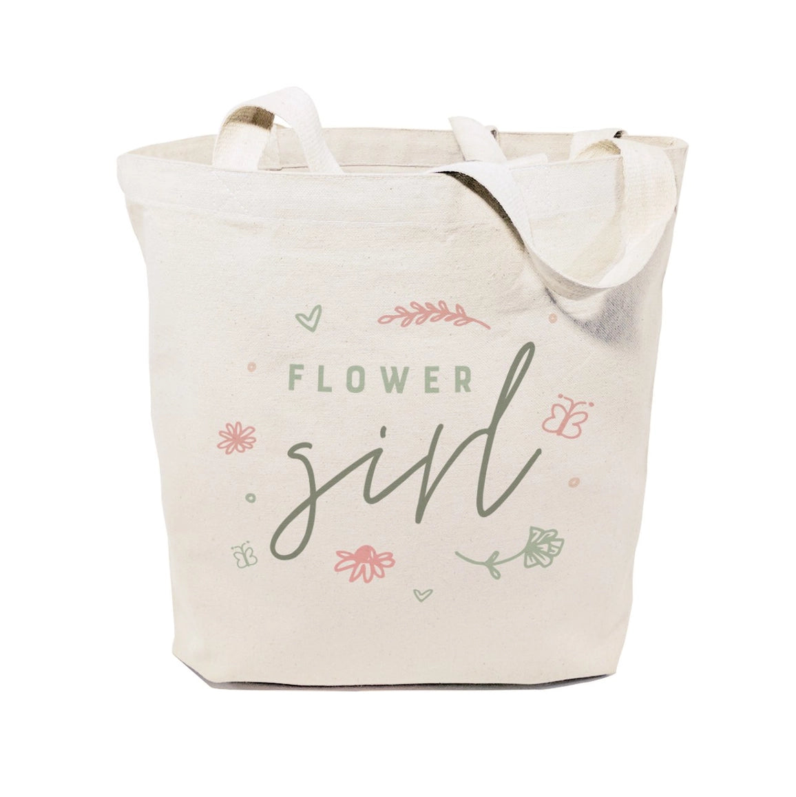 Beige tote bag with 'flower girl' text and floral designs on a white background