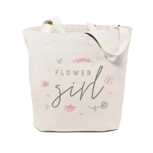 Beige tote bag with 'flower girl' text and floral designs on a white background