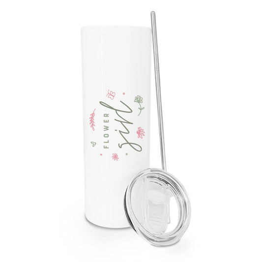 White tumbler with floral text and a metal straw on a white background