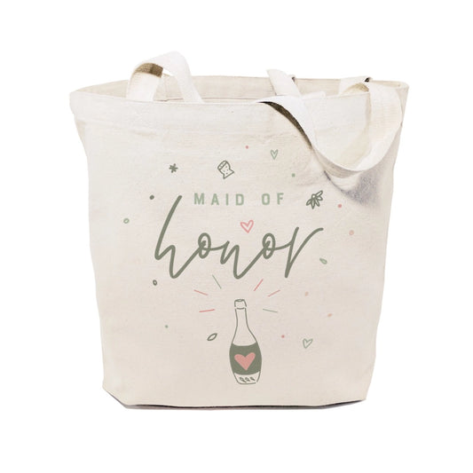 Tote bag with 'Maid of Honor' text and champagne bottle design on a white background