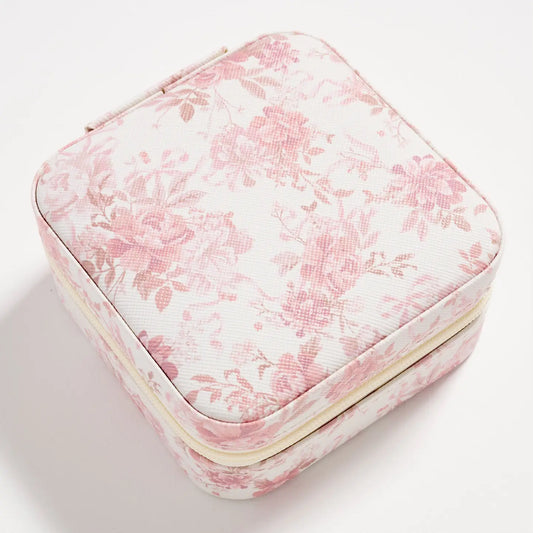 Pink floral jewelry box on a white background