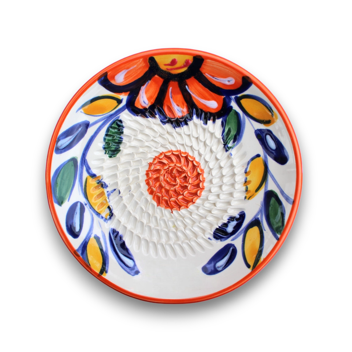 A round white ceramic bowl with a textured, ribbed interior and hand-painted traditional Mexican Talavera style floral patterns in orange, blue, yellow, and green, shown on a white background with a soft drop shadow.