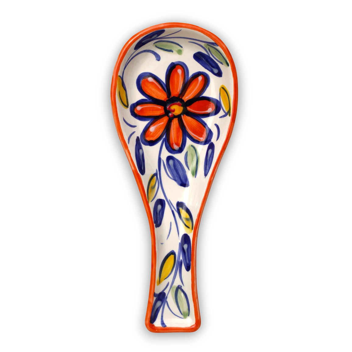 A ceramic spoon rest with a hand-painted floral design, featuring a large orange flower with blue outlines and blue, green, and yellow leaf patterns on a white background, with an orange rim.