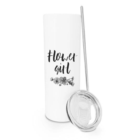 White tumbler with 'flower girl' text and floral design on a white background