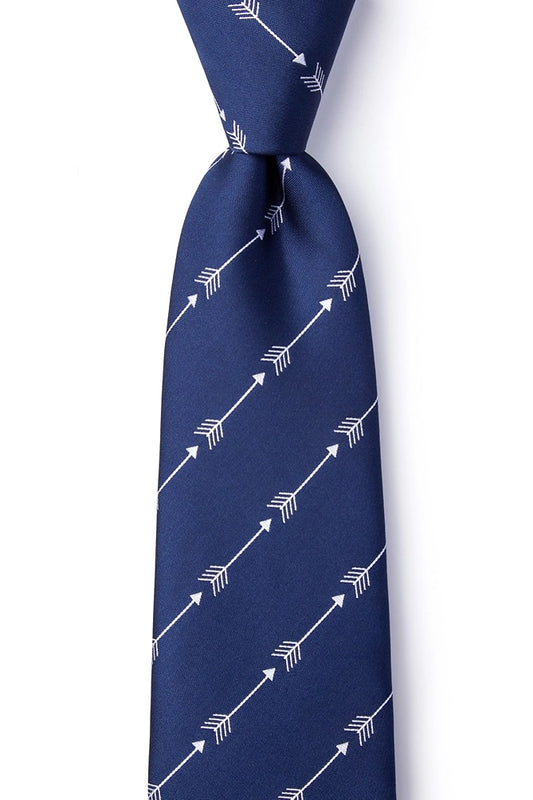 Navy blue tie with white arrow pattern on a white background