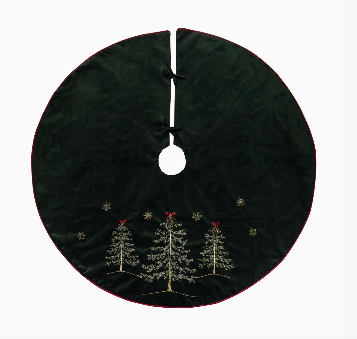 54-inch forest green Christmas tree skirt featuring three embroidered gold Christmas trees with red bows, gold snowflakes, red piping, and fabric tie closures.