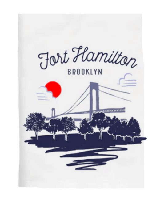 White towel with 'Fort Hamilton Brooklyn' text and bridge design.