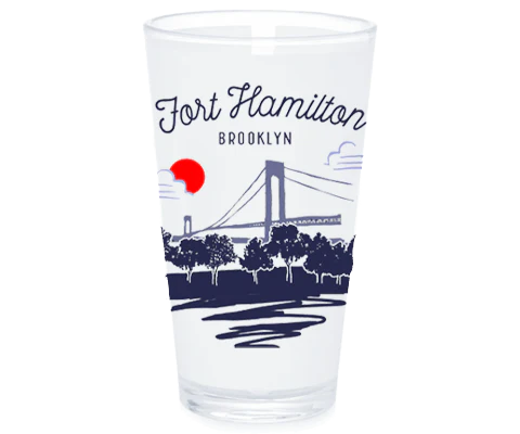 Clear glass with Fort Hamilton, Brooklyn design on a white background