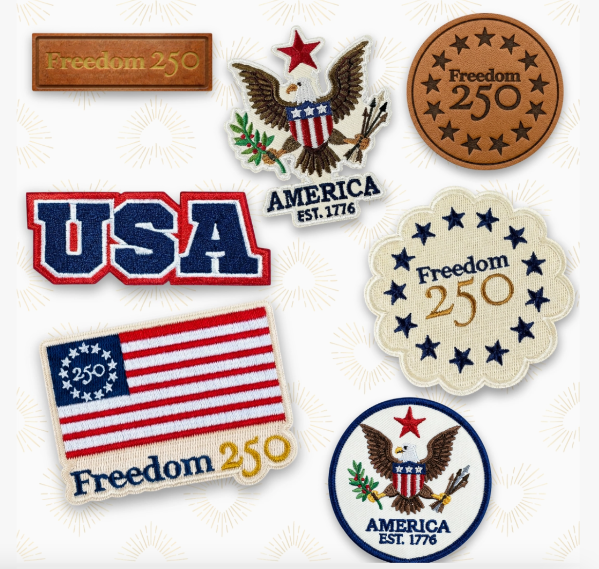 Collection of patriotic patches with American flag and eagle designs on a white background.