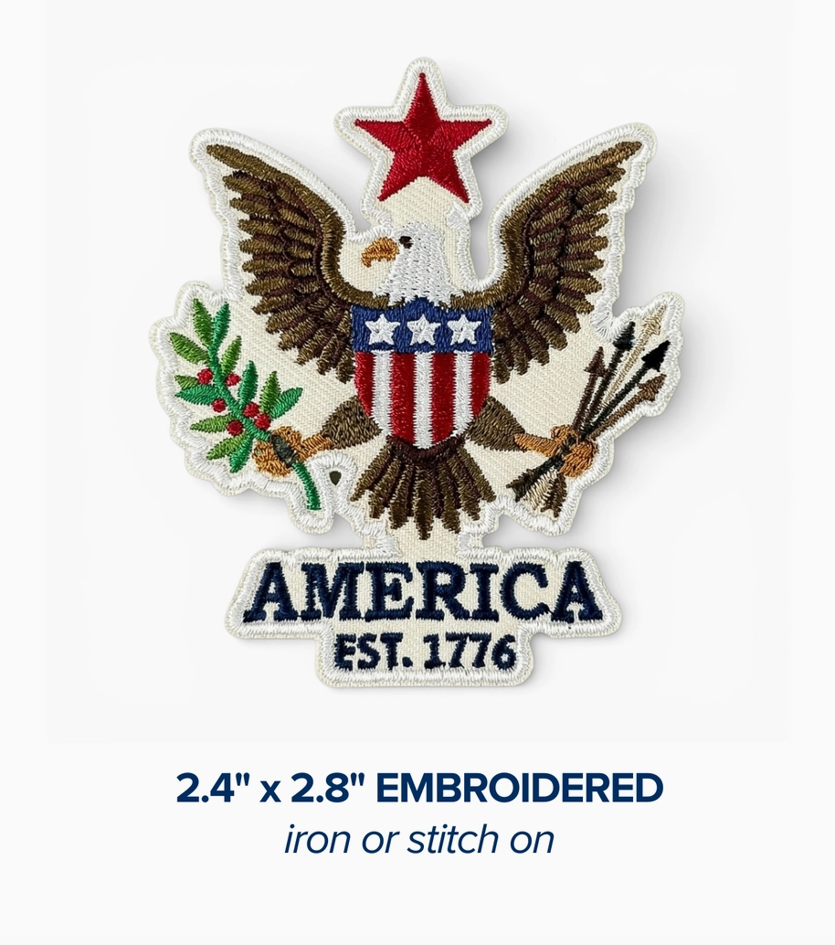 Embroidered patch with an eagle and 'America Est. 1776' text on a white background