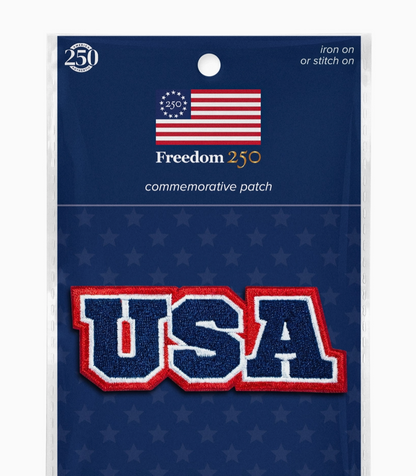 USA commemorative patch packaging with 'Freedom 250' branding on a blue background.