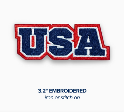 Embroidered patch with 'USA' text on a white background