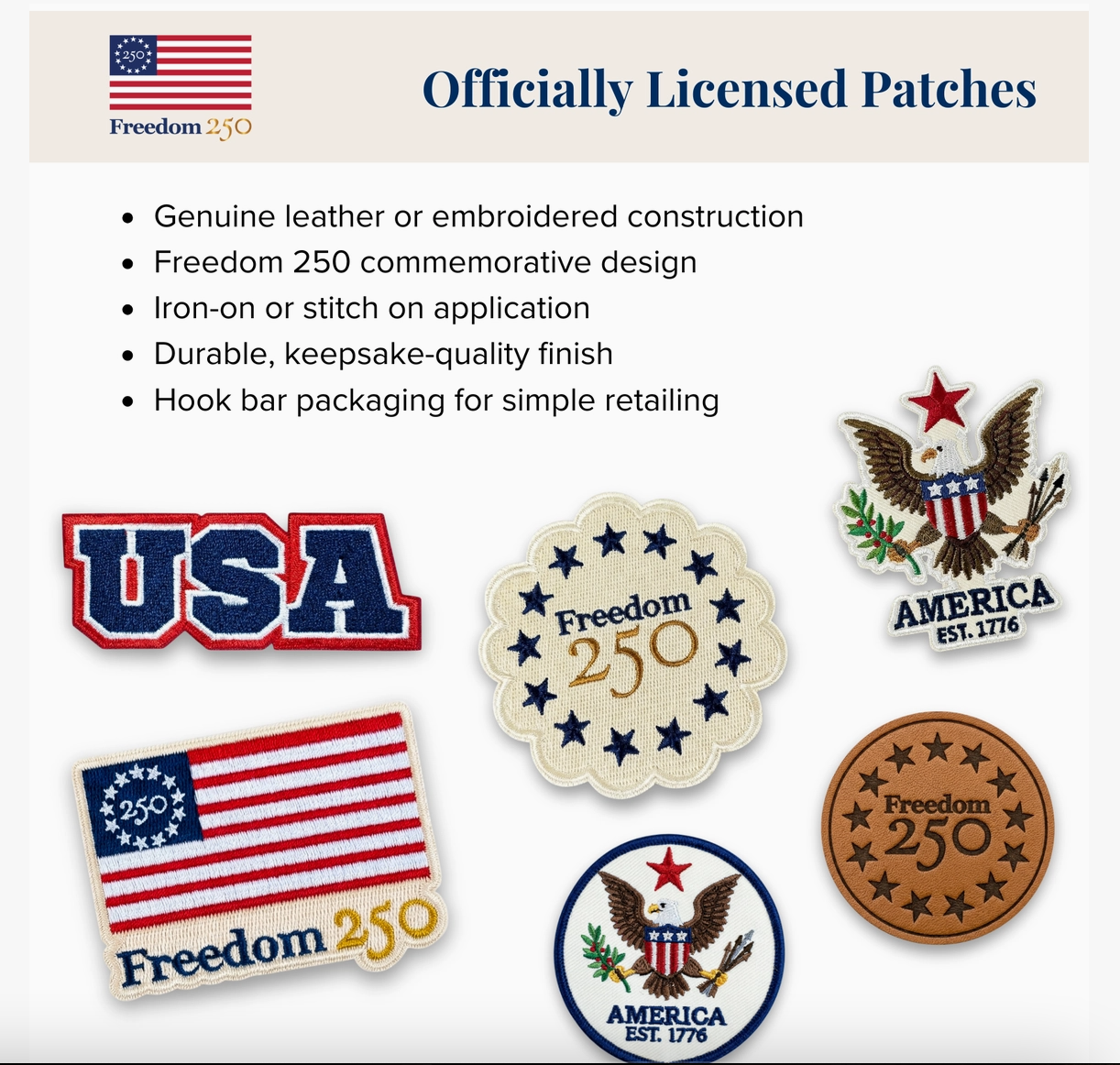 Collection of officially licensed patches with 'Freedom 250' design on a beige background.