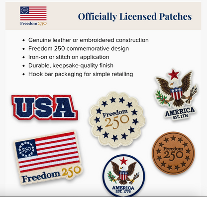 Collection of officially licensed patches with 'Freedom 250' design on a beige background.
