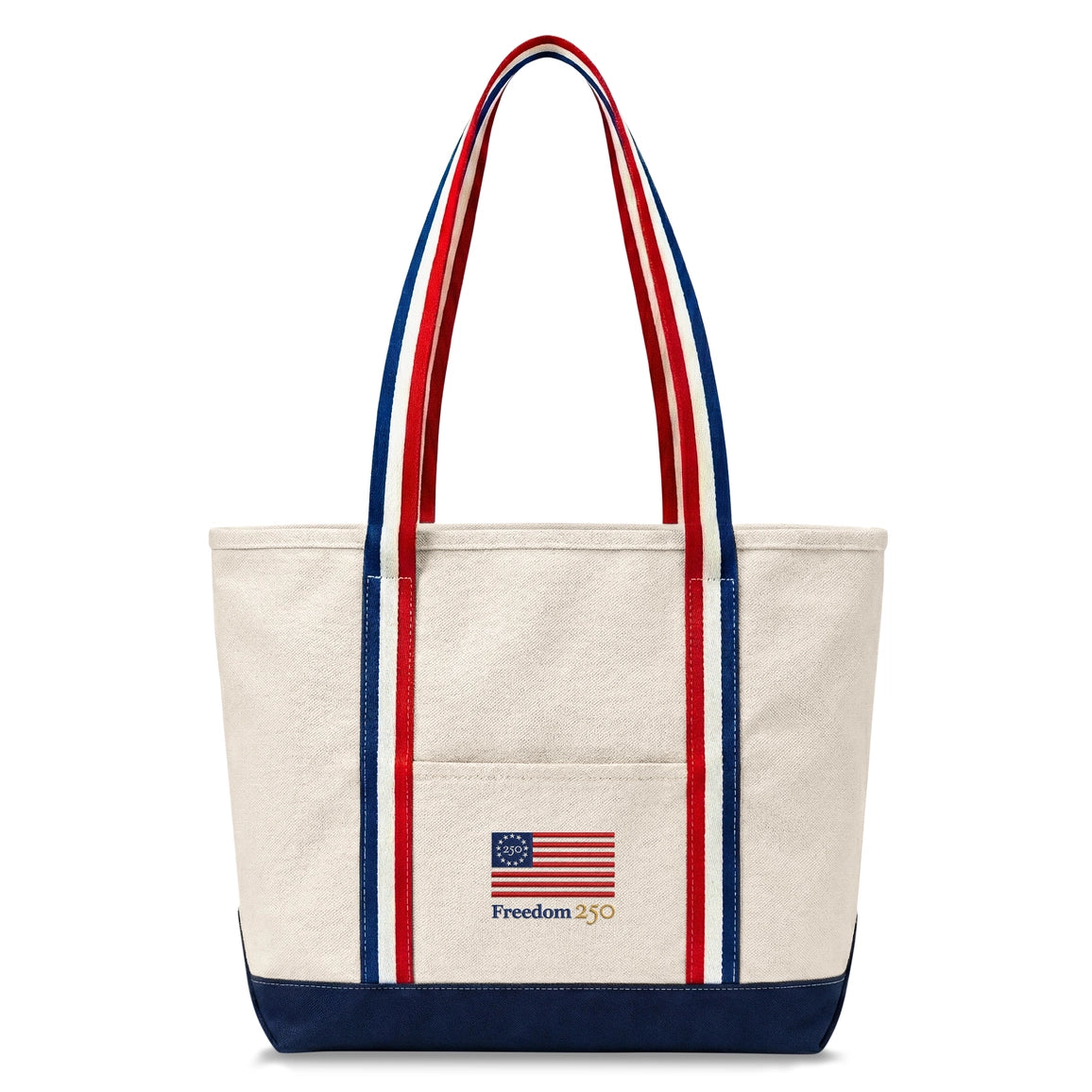 Tote bag with American flag design and 'Freedom 250' text on a white background