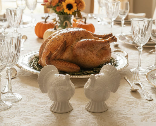 Two ceramic turkey figurines on a light surface with a neutral background