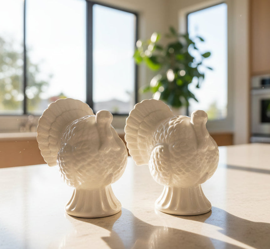Two white ceramic turkeys on a kitchen counter with a window and oven in the background.