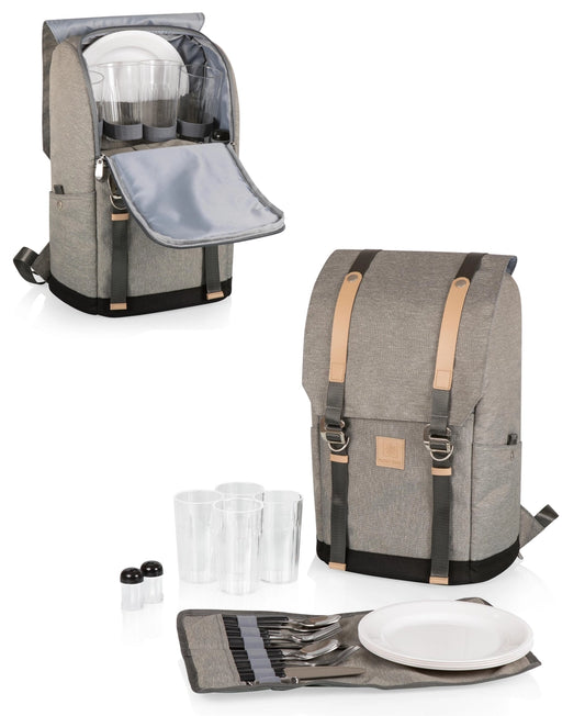 Gray backpack with insulated compartments and picnic accessories on a white background