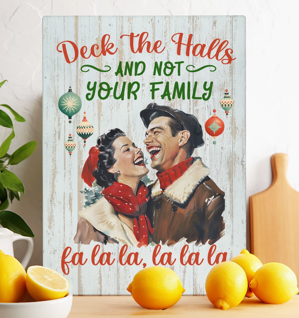 Funny Deck the Halls not your family Christmas glass cutting board with retro couple and vintage ornaments