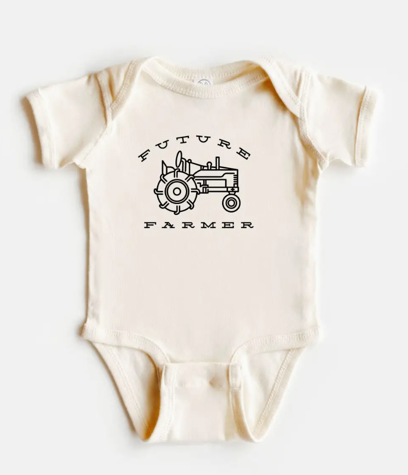 Baby onesie with 'Future Farmer' and tractor design on a white background