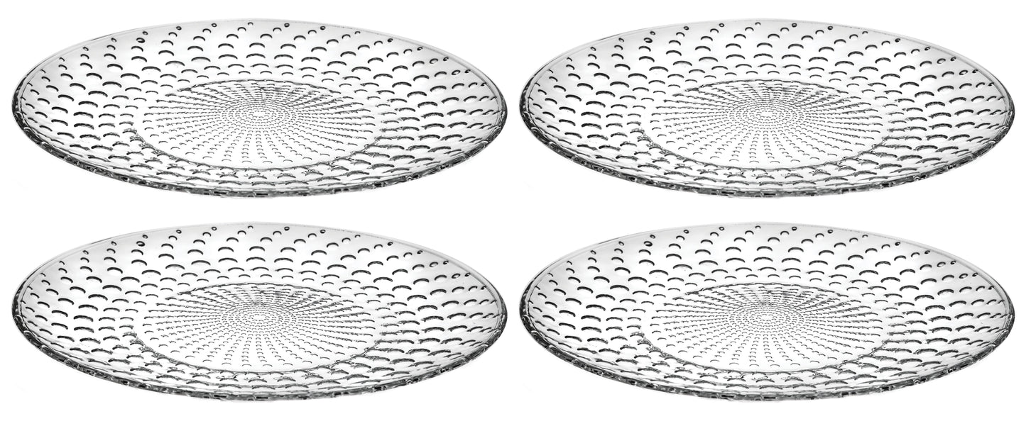 Four clear glass plates with textured design on a white background