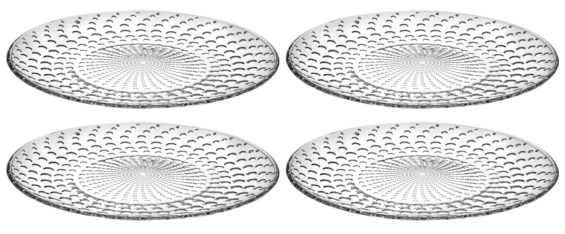 Four clear glass plates with textured design on a white background