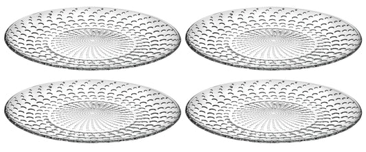Four clear glass plates with textured design on a white background