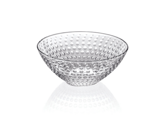 Clear glass bowl with textured surface on a white background