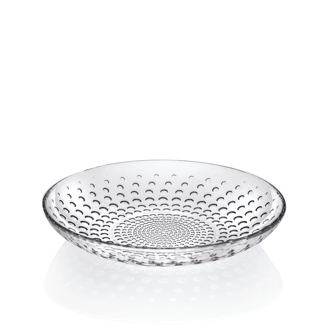 Clear glass bowl with textured design on a white background