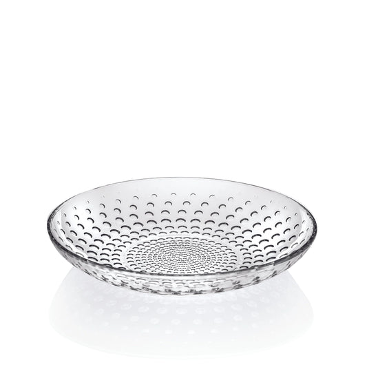 Clear glass bowl with textured design on a white background
