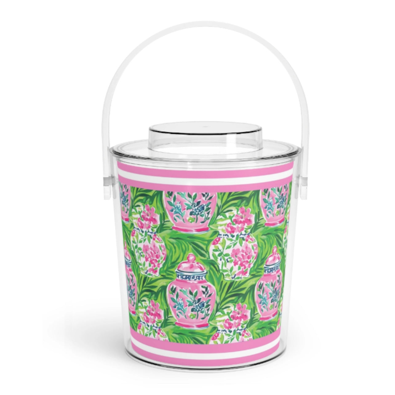 Clear ice bucket with floral design on a white background
