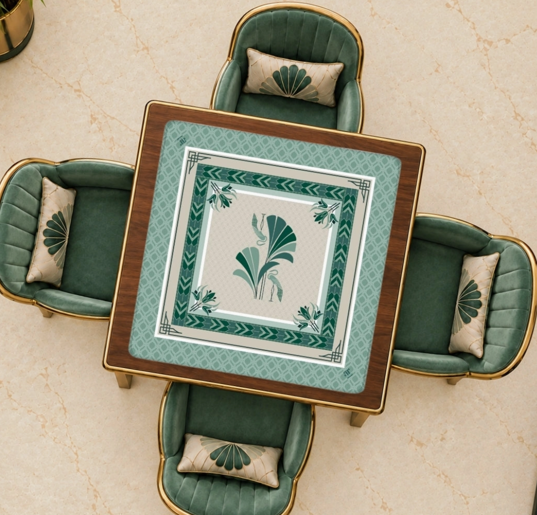Gatsby's Feathered Affair 33-inch Mahjong mat in sage, emerald and cream with Art Deco geometric borders, herons and fan-palm motifs.
