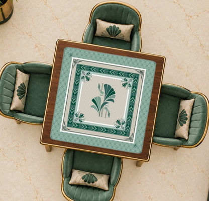 Gatsby's Feathered Affair 33-inch Mahjong mat in sage, emerald and cream with Art Deco geometric borders, herons and fan-palm motifs.