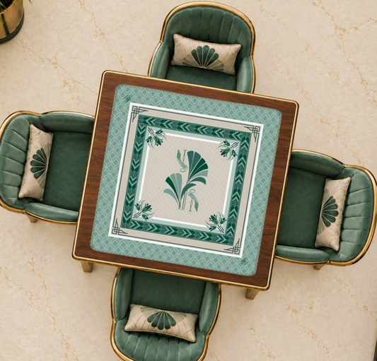 Gatsby's Feathered Affair 33-inch Mahjong mat in sage, emerald and cream with Art Deco geometric borders, herons and fan-palm motifs.