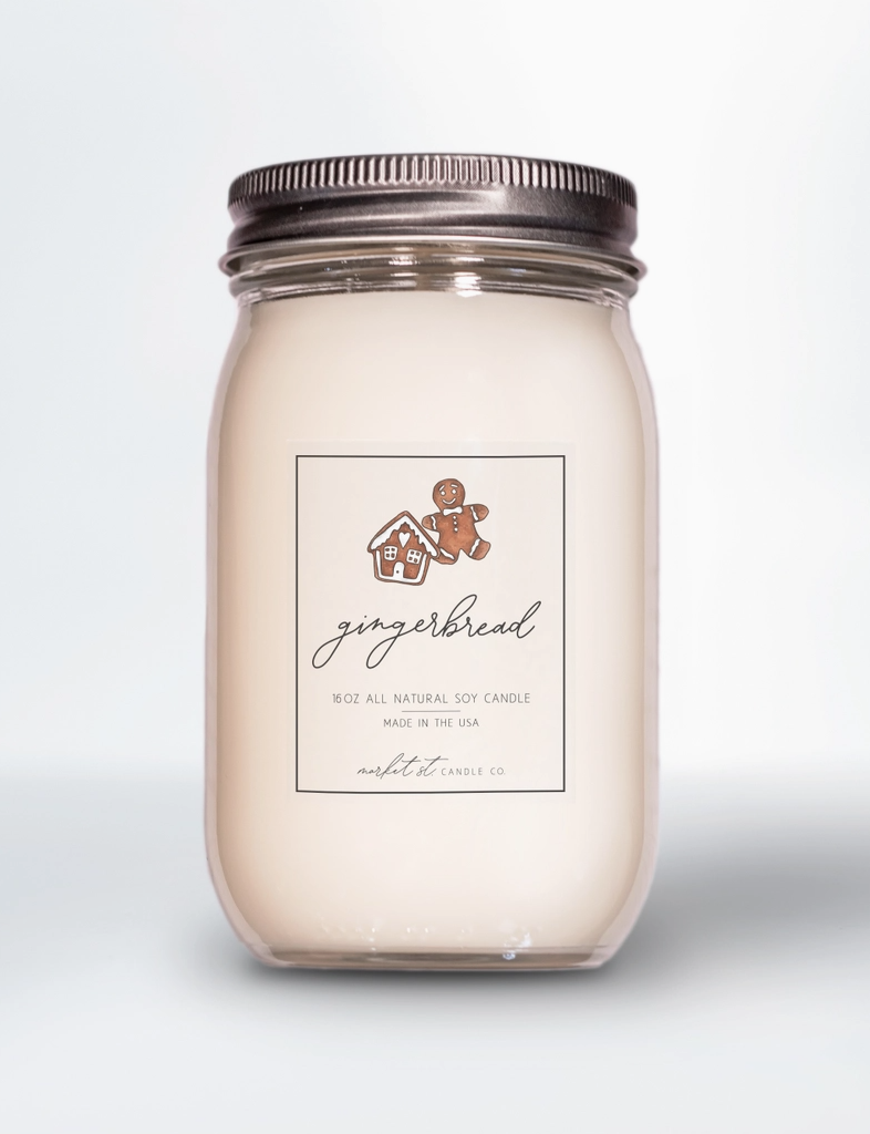 Market Street Candle Co. Gingerbread 16 oz soy candle in reusable glass Ball jar with metal lid.