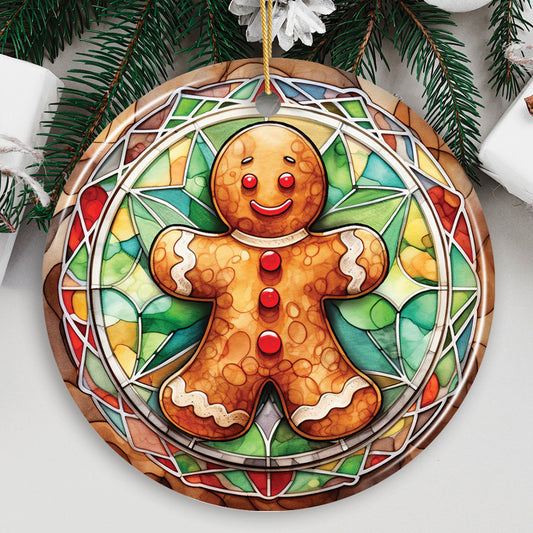Decorative gingerbread man ornament with a colorful circular design on a white background.