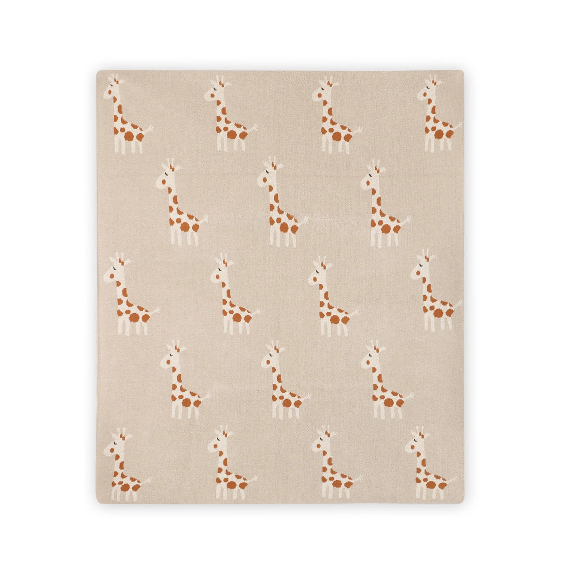 A square fabric item, likely a blanket or throw, featuring a repeating pattern of cartoon giraffes in brown and white on a warm beige background.