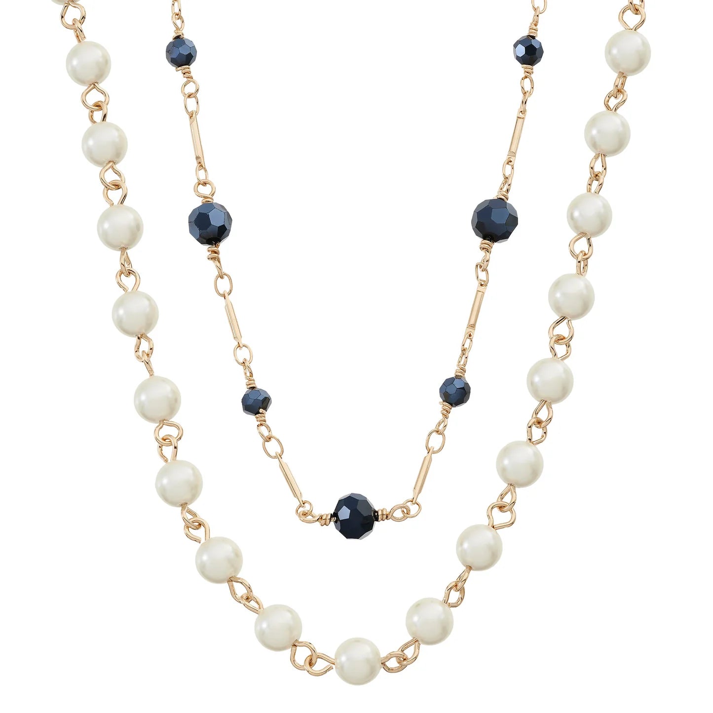 A double-strand necklace featuring white faux pearl beads and gold-tone chain links, accented with faceted dark blue beads.