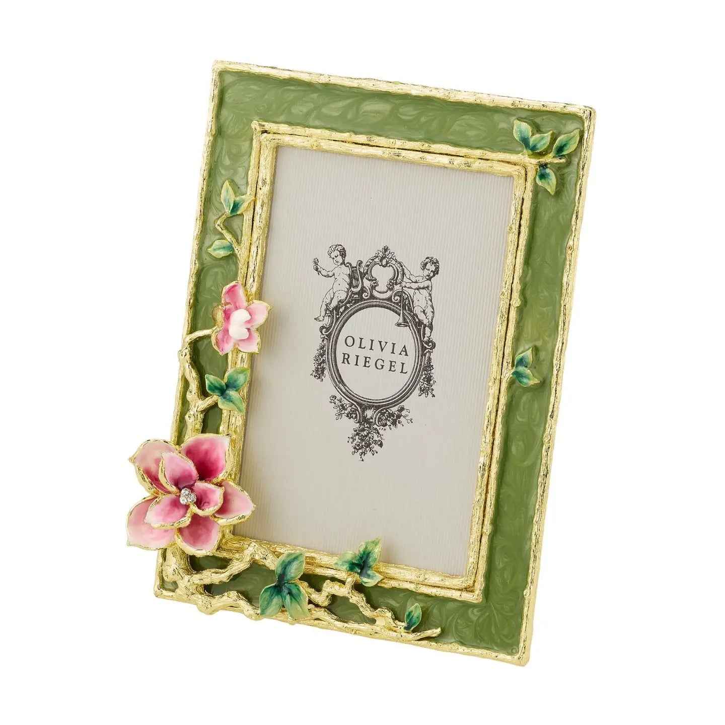 Decorative photo frame with floral design and 'Olivia Riegel' branding on a white background