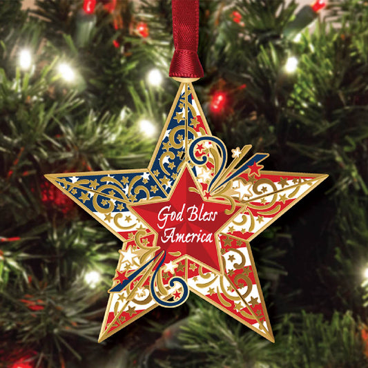 Decorative star ornament with 'God Bless America' text on a Christmas tree.