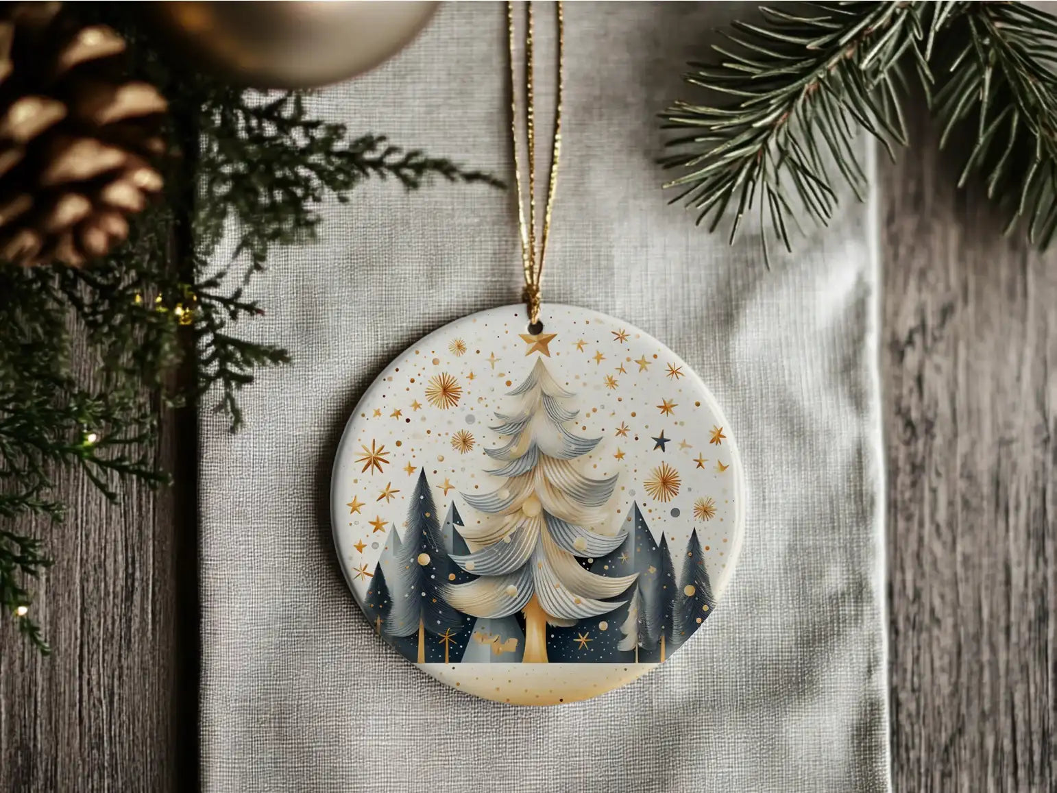 Gold and Grey Christmas Tree Ceramic Disc Ornament