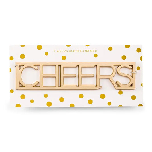 Bottle opener with 'CHEERS' text on a polka dot background