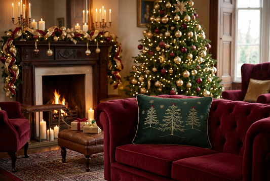 Forest-green rectangular Christmas throw pillow featuring three embroidered gold evergreen trees topped with red bows, scattered gold snowflakes, and coordinating gold piping.