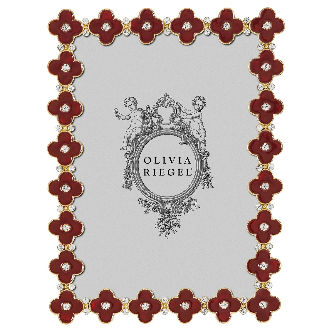Decorative photo frame with red floral design and 'Olivia Riegel' branding on a white background