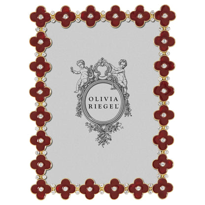 Decorative photo frame with red floral design and 'Olivia Riegel' branding on a white background