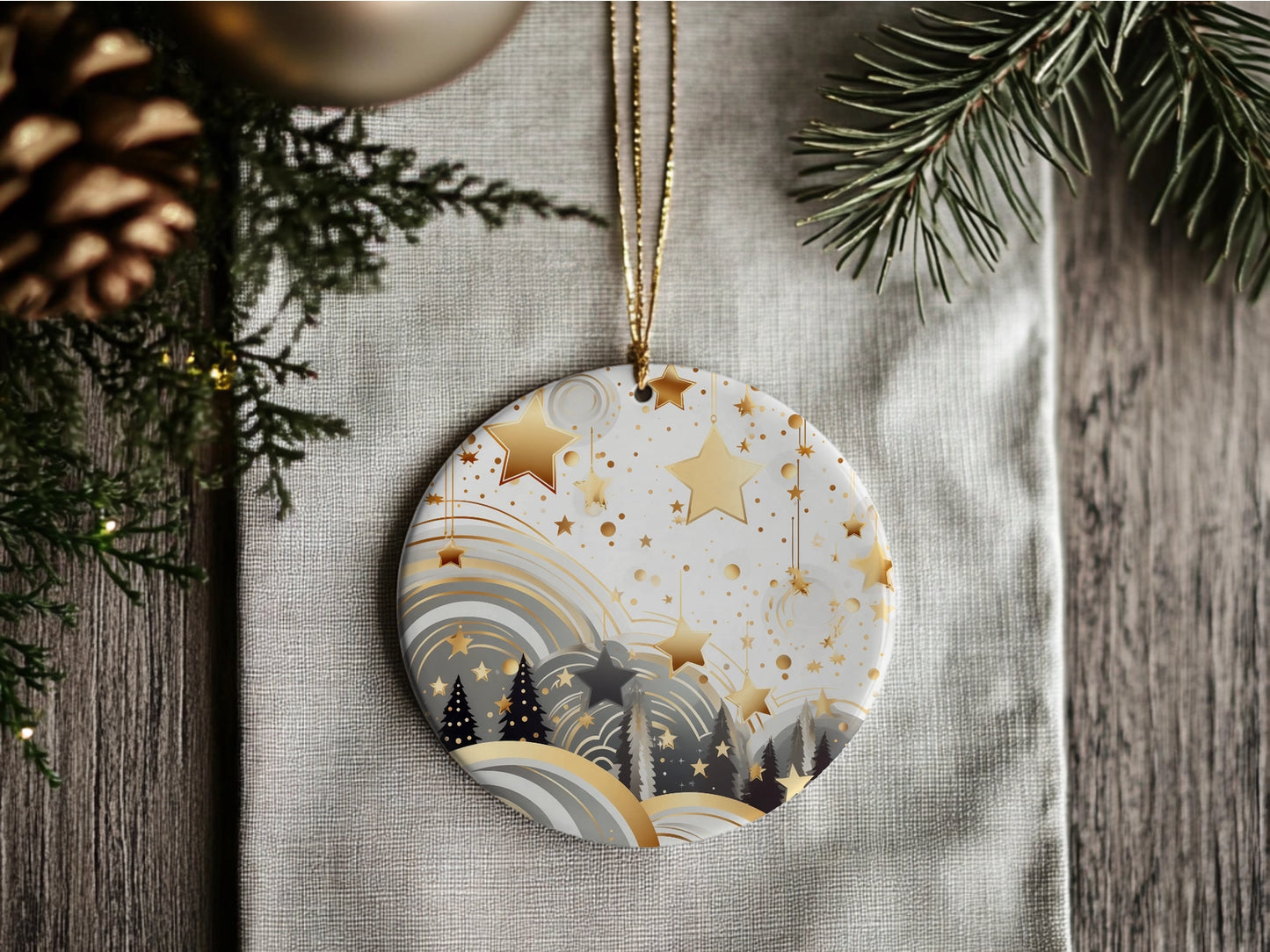 Round Christmas ornament with starry night design on a wooden surface with pine branches.